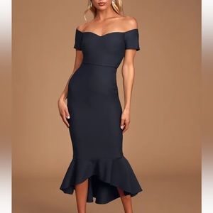How Much I Care Midnight Blue Off-the-Shoulder Midi Dress